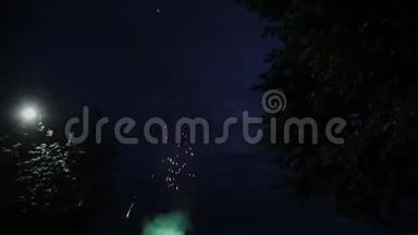 从位于法国古切维尔阿尔卑斯山的空地上观赏烟火和敬礼。 消防表演。 <strong>晚安</strong>。 彩色灯光