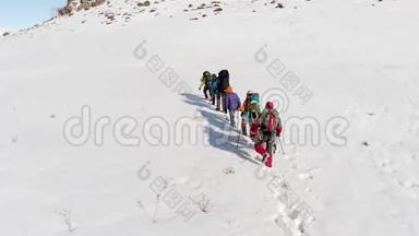 一群登山者，由七个人组成，他们顽强地努力克服积雪和天气