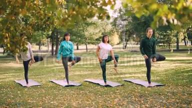 瑜伽学生在公园户外课堂上在专业教练的指导下做平衡练习