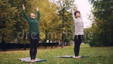 两个漂亮的女人正在公园里做瑜伽，在垫子上练习体式和呼吸新鲜空气。 个别做法