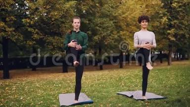 在公园里，有几个女孩在做瑜伽，练习单腿平衡练习
