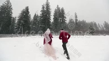 年轻的新娘<strong>跑到</strong>森林，要求新郎跟随她，在大雪下在兰乔玩得开心。 冬季婚礼