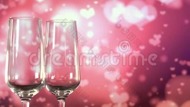 在抽象的粉红色背景下将起泡香槟倒入玻璃杯中。