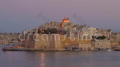 桑格拉市海岸线的全景图和马耳他4k的老堡