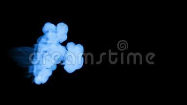蓝色辉光墨水在水中的三维渲染在黑色背景上，卢马哑光作为阿尔法面具的墨水效果或背景。 3