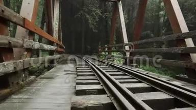 走在阿里山景区老铁路桥上，森林里有薄<strong>雾</strong>、<strong>雾霾</strong>和<strong>雾</strong>。 台湾的视角