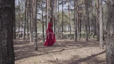 技巧优雅的女人穿着红色的裙子在森林景观中跳舞。 很漂亮的当代舞者。 优雅的女孩跑来跑去
