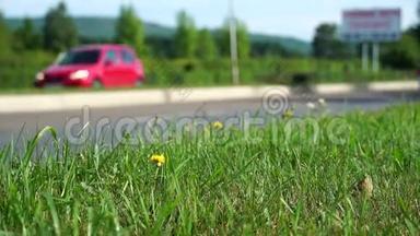 开车上路。 背景模糊。 特写镜头，集中在前景的草地上。 夏日，省城的车<strong>流量</strong>