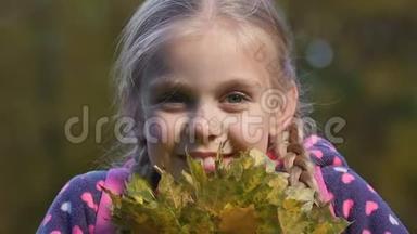 小女孩扎着辫子，闻着秋叶的芬芳，孩子们的幸福