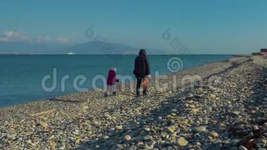一个女人和一个小女孩在海边散步，互相交谈，在海边和一个女人和一个女孩交谈。