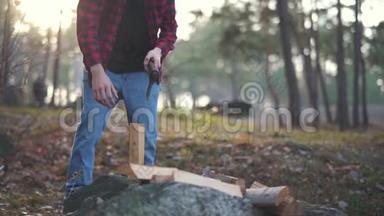 人在森林里用斧子砍柴. <strong>福斯特</strong>切木头。