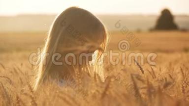 美丽的小女孩在户外享受自然麦田。 美丽的女孩在日落时在秋天的田野上玩耍。 双手