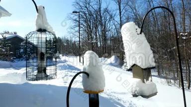 在一个阳光明媚的冬日，鸟类饲养者身上覆盖着新的雪和一只鸟在其中一只饲养者中进食。