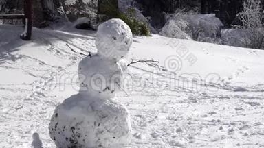 <strong>歪歪</strong>斜斜的雪人斜靠在一边，阳光照在雪地公园里
