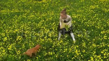 一个漂亮的女孩带着一只小狗在黄色的田野<strong>采花</strong>