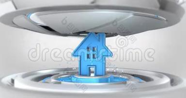 蓝色房子3D标志移动机械展示