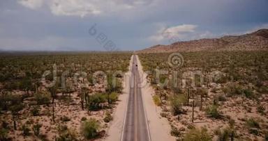 <strong>无人机</strong>在美丽的沙漠道路上飞行，汽车在美国亚利桑那州国家公园的大<strong>大气</strong>仙人掌田。