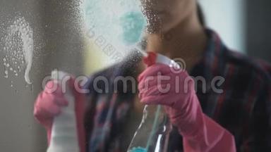 在所有玻璃表面使用清洁剂清洁服务的女孩