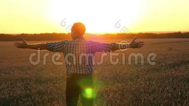 年轻人，农夫张开双手，看着夕阳下成熟的麦田。 快乐的商人