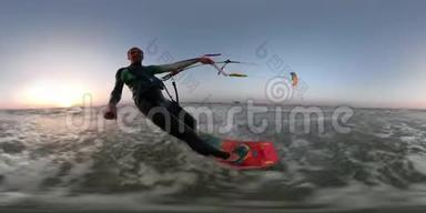 一个穿着红色<strong>尾灯</strong>的男人正在玩风筝冲浪，手里拿着一根自拍棒