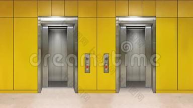 滑动钢门电梯打开显示电梯内部。 有黄色墙壁的办公楼。
