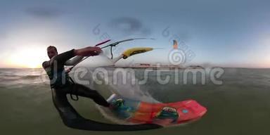 一个人骑着风筝在海上，360度射击