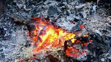 燃烧着红色的煤，吹着风，拍摄了特写镜头。 火的灰烬散落在手中。 慢动作<strong>开火</strong>。
