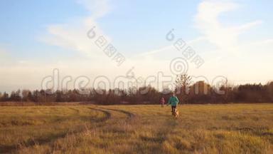 孩子们在蓝天下的秋田里跑来跑去和狗玩耍