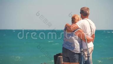 成熟的夫妻-拥抱俯瞰大海。 一对漂亮的老人在水边。 快乐老人牵着手