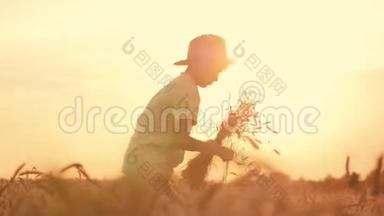 日落时在麦田里戴帽子的男孩。 快乐的男孩农夫带着一包小麦在田野上。