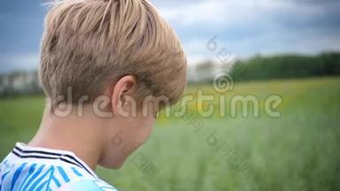 一个<strong>年轻人</strong>看着远处的麦田，<strong>年轻人</strong>看着远处的麦田。 暴风云