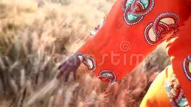 非洲妇女穿着传统服装，手牵手，在日落或日出时感受非洲农田里的庄稼