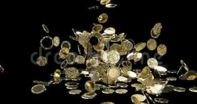 钱从银行里掉下来。 比特币金币落在玻璃上，数字货币的雨。