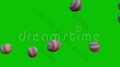 复活节彩蛋落在绿色屏幕上。 3D动画