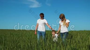 父亲和儿子走在田野里，他们穿着白色的T<strong>恤衫</strong>和牛仔裤，兴高采烈地笑着