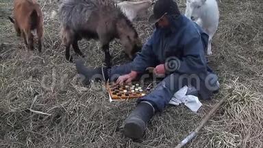 一个穿着脏衣服的老人坐在山上玩跳棋，在一片草地上放着一群山羊