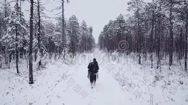 冬天，背着背包的人在森林里散步。 空中无人机飞行录像。 背包式冬季徒步旅行
