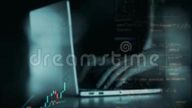 股票市场投资交易的4K动画.. 烛棒图图.. 女人的手在电脑键盘上打字