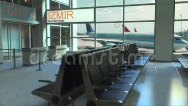 伊兹密尔的航班现<strong>在机场</strong>航站楼登机。 前往土耳其概念介绍动画，3D渲染