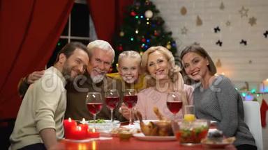 一家人拥抱着，微笑着，看着圣诞晚餐的镜头，画像