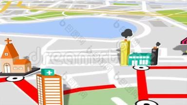 全球定位系统卫星城市地图和城市地标定位与三维建筑和房地产bakground无缝动画
