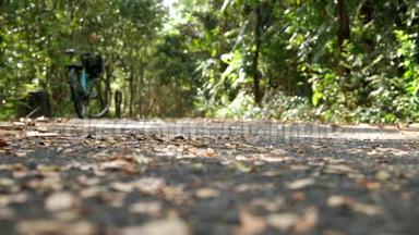 亚洲人骑自行车在郁郁葱葱的绿色森林里的<strong>赛道</strong>上锻炼。