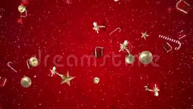 数字动画圣诞礼物和装饰落在红色背景下