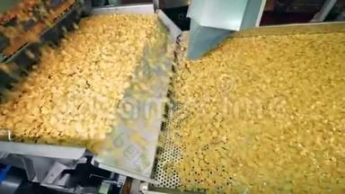 大量的马铃薯薯片正沿着传送带移动。 薯片的生产。