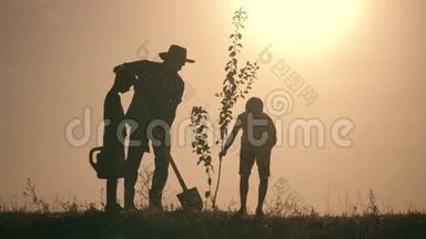 一个幸福的家庭。 父亲和两个儿子在日落时在公园里<strong>种树</strong>并浇水。 幸福家庭的概念