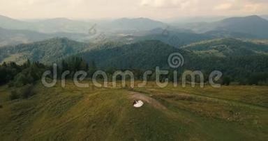 喀尔巴阡山上的新郎新娘空中视频