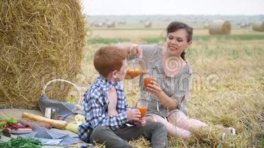美丽的年轻女子，带着红头发的儿子在干草堆中间的野餐中倒灌胡萝卜汁
