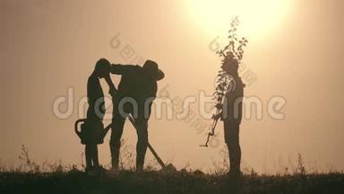 一个幸福的<strong>家庭</strong>。 父亲和两个儿子在<strong>日</strong>落时在公园里种树并浇水。 幸福<strong>家庭</strong>的概念