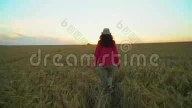 夏日夕阳下，女游客漫步麦田。 徒步旅行者女人戴着帽子，背着背包徒步旅行。 女孩