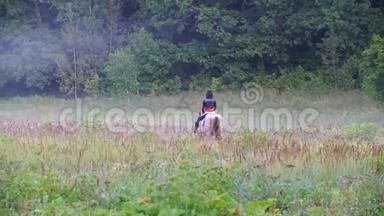 一个骑着马的年轻骑手去雾中的森林回首往事